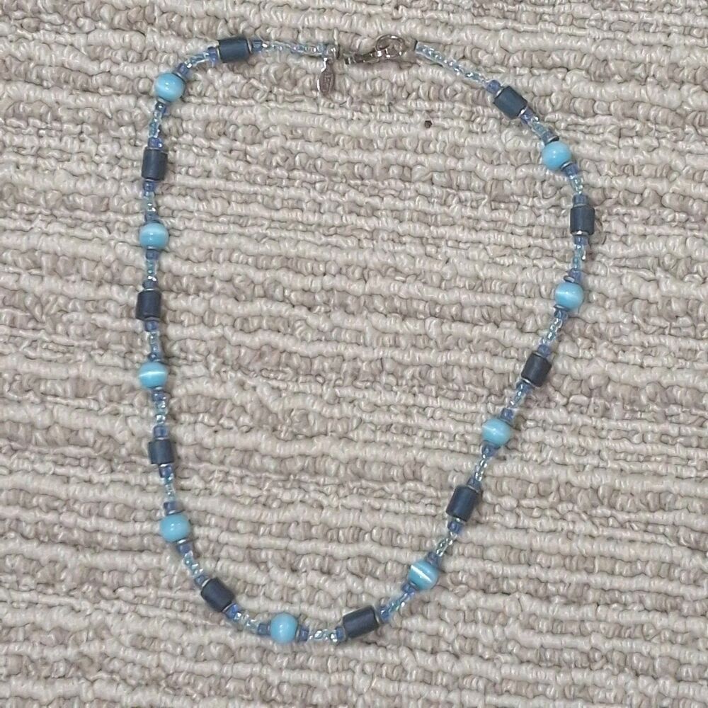 Vintage Aeropostale Aero Blue Cats Eye Glass Beaded Strand Necklace Y2K Boho